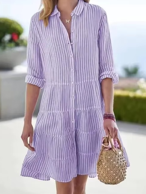 2025 Spring Oversized Striped Shirt Dress for Women with Turn-Down Collar and Long Sleeves