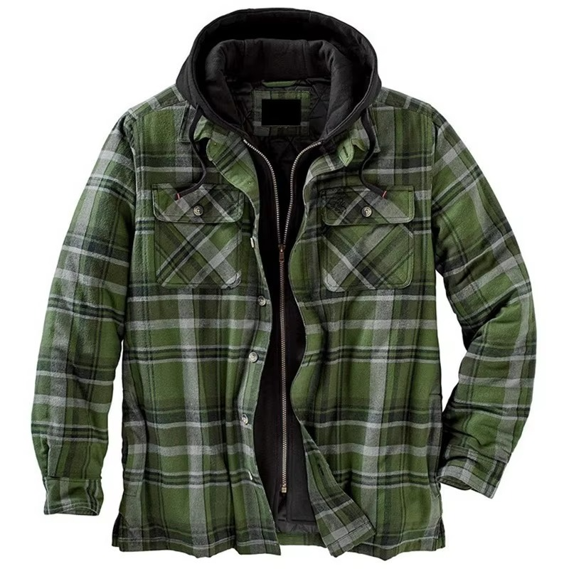 Men's Checkered Cotton Hooded Jacket, Thick Warm Casual Coat, Sizes S–5XL