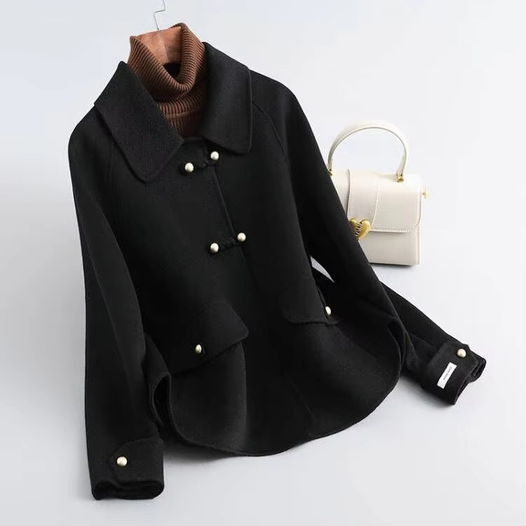 Black Double Sided Short Wool Coat for Women, High End Korean Style Slim Wool Jacket