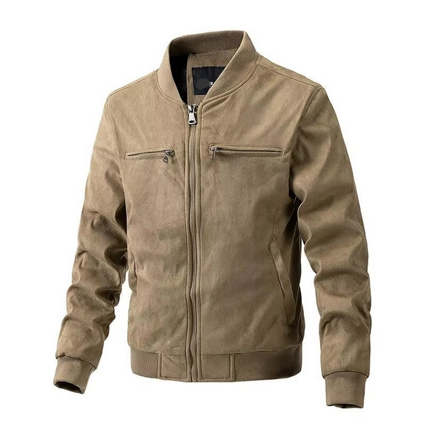 Men’s Autumn Winter Suede Jacket with Stand Collar, Zipper Front, and Lightweight Cotton Lining