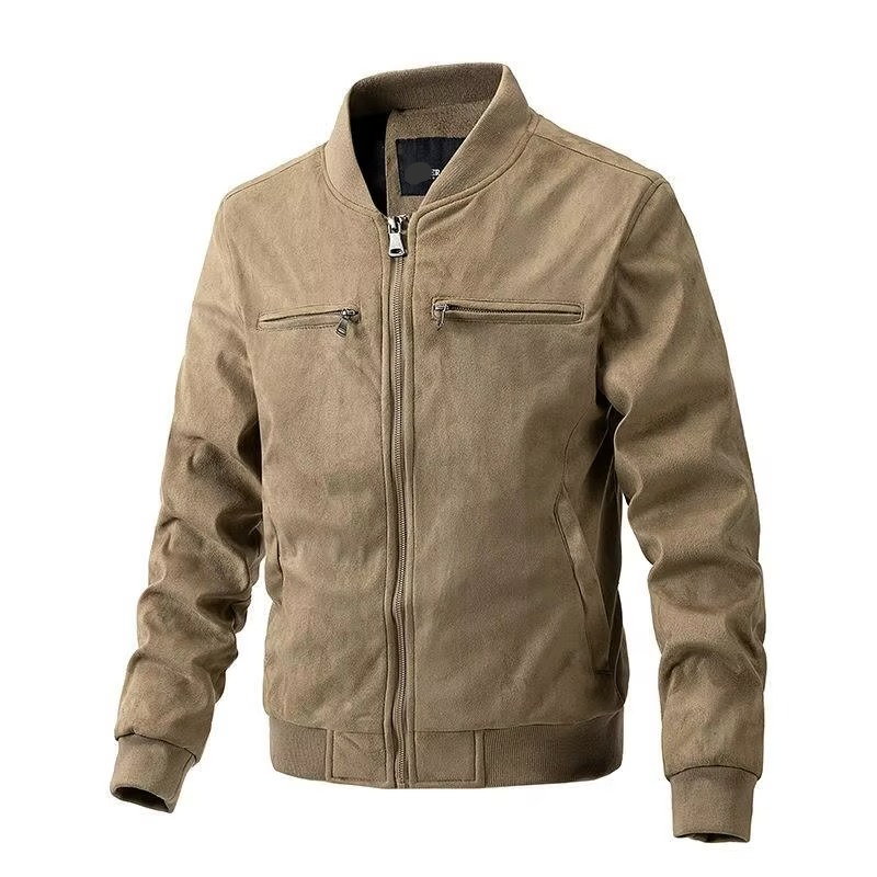 Men’s Autumn Winter Suede Jacket with Stand Collar, Zipper Front, and Lightweight Cotton Lining