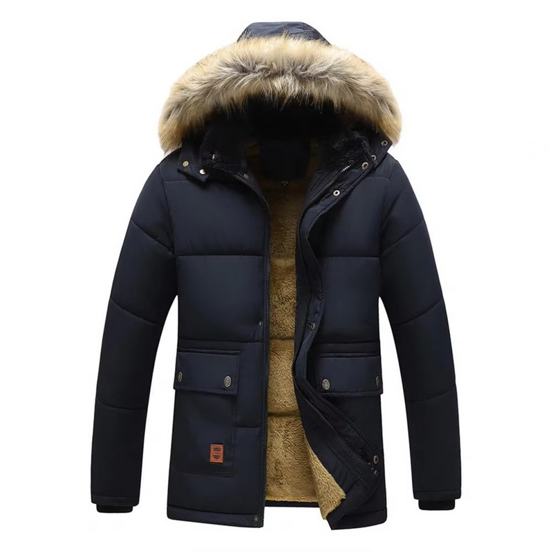 Men’s Fleece-Lined Winter Parka Coat with Fur Hood, Sizes up to 5XL