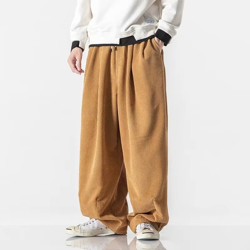 Long Corduroy Wide Leg Men's Pants, Loose Fit Floor-Length Trousers for Fall and Winter