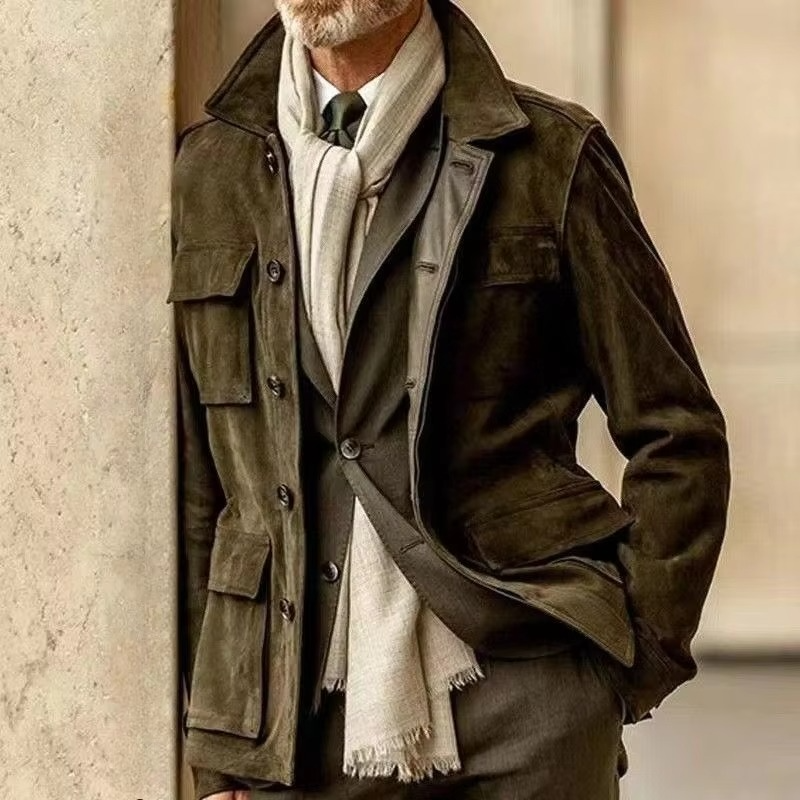 Retro Mid-Length Men's Casual Trench Coat with Lapel Collar