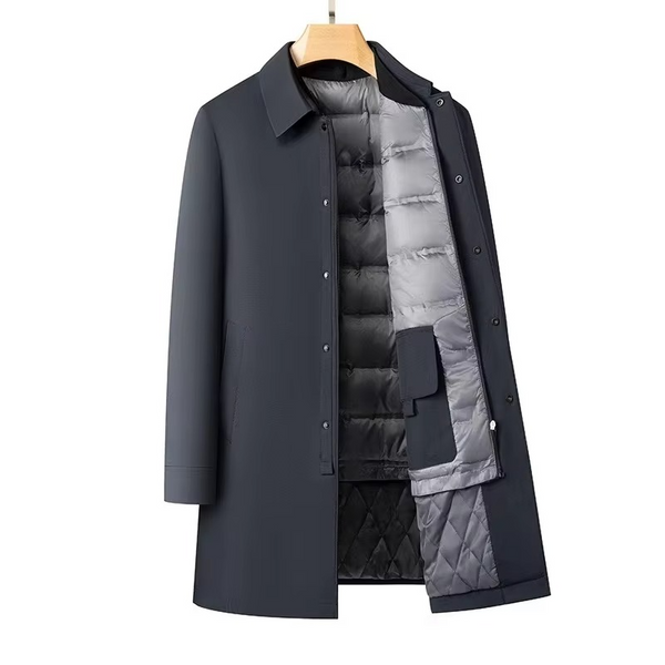Men's Medium-Length Down Jacket with Plush Lining and Detachable Inner Layer