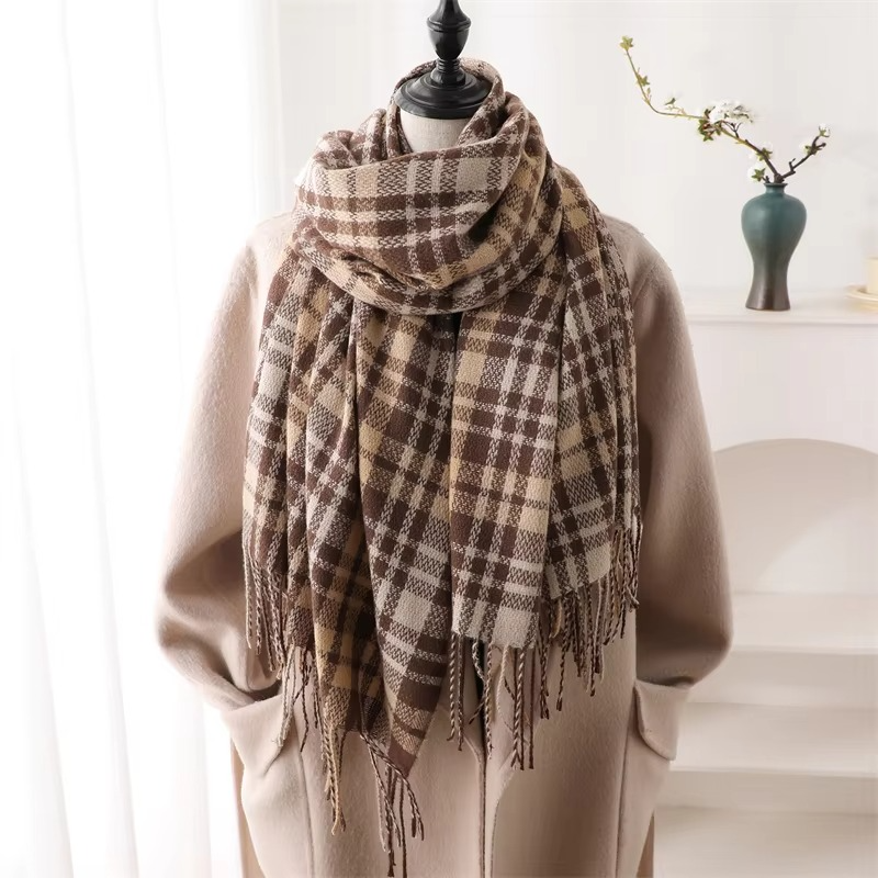 Cozy Cashmere Plaid Winter Scarf for Women, Thick Pashmina Shawl with Tassels