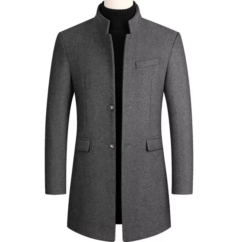 Men's Medium Long Wool Blend Trench Coat for Autumn and Winter