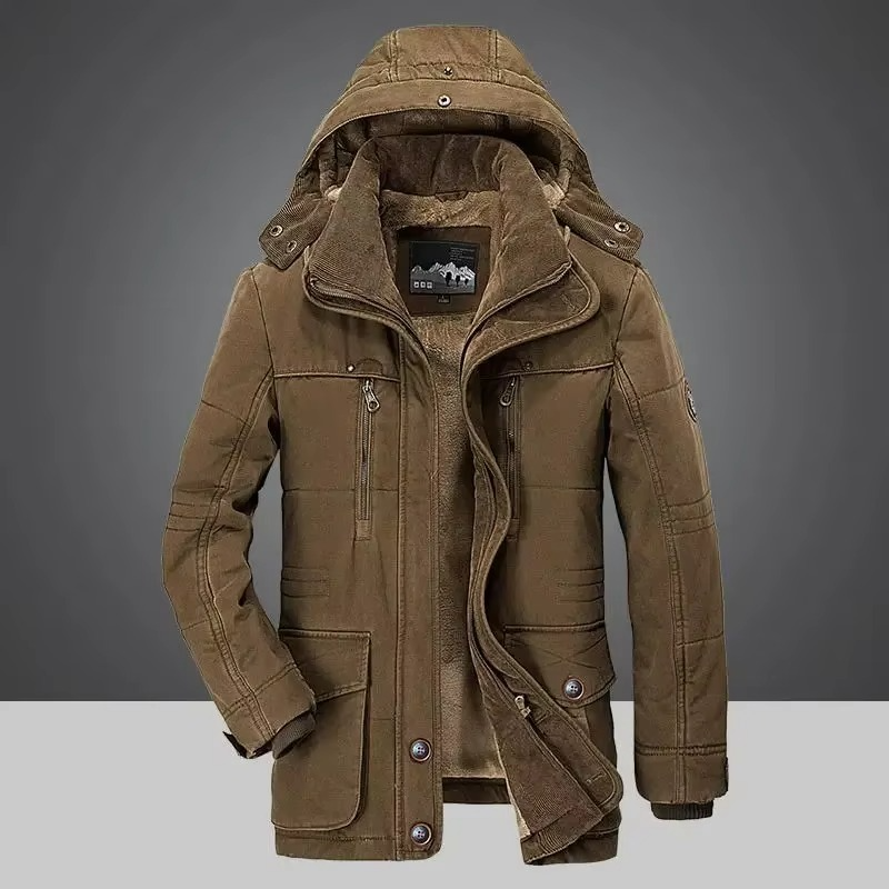 Men's Winter Parka Jacket with Thick Fleece Lining and Multi-Pocket Design
