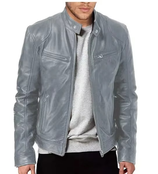 Men's Slim Fit PU Leather Jacket, Stand Collar, Anti‑Wind Motorcycle Style