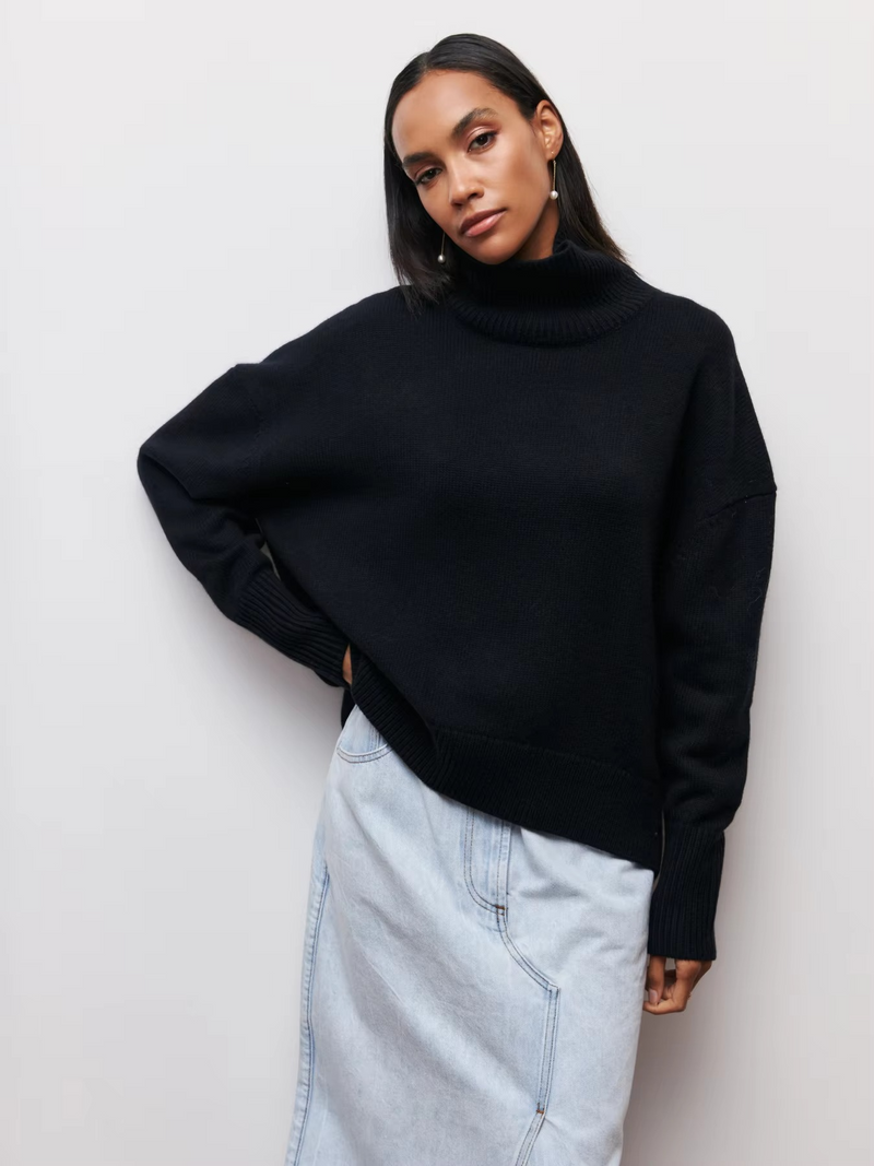 Oversized Thick Turtleneck Sweater for Women Black Knit Long Sleeve Pullover