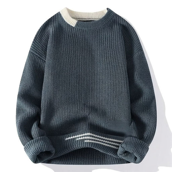 Men's Autumn Winter Patchwork Knit Sweater, Slim Fit O-Neck Pullover