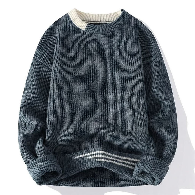 Men's Autumn Winter Patchwork Knit Sweater, Slim Fit O-Neck Pullover