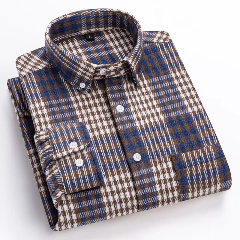 Men's Plus Size 7XL 100% Cotton Plaid Long Sleeve Shirt with Single Chest Pocket