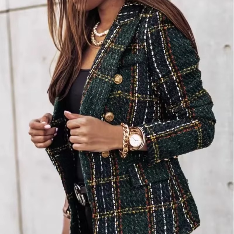 Women's Double Breasted Printed Suit with Pockets and Small Lapel for Autumn Winter