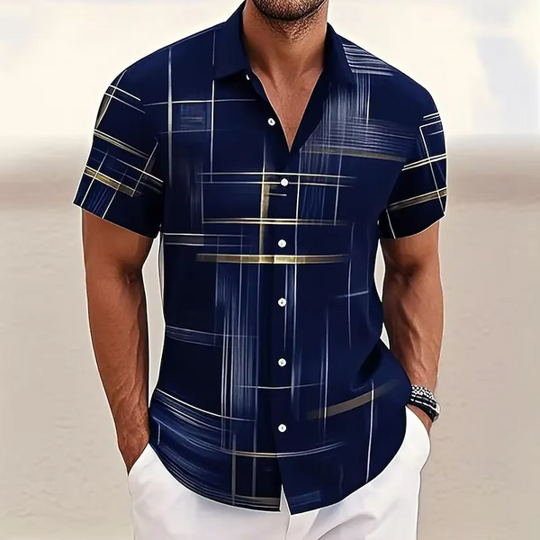 Men's 3D Geometric Plaid Short Sleeve Button Shirt
