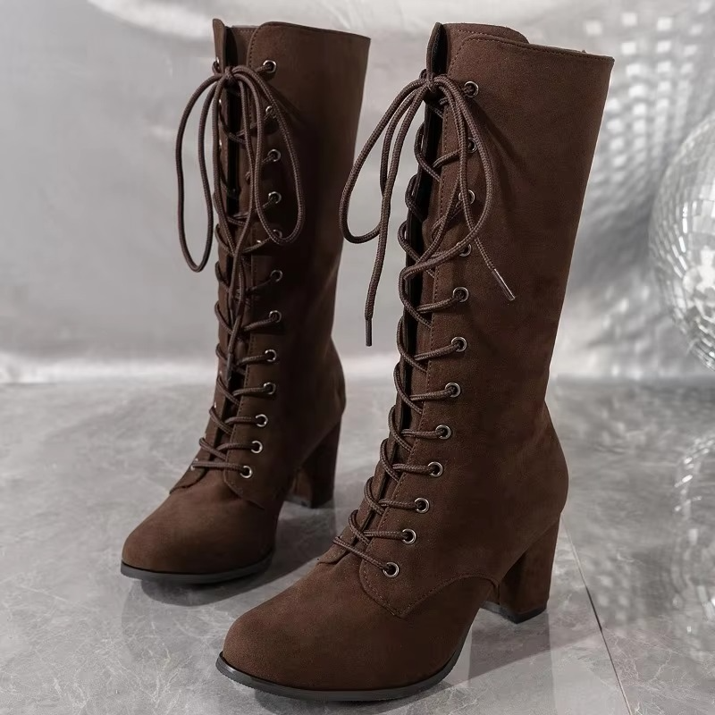 Women’s High Lace-Up Winter Boots with Round Toe and Sturdy Heel
