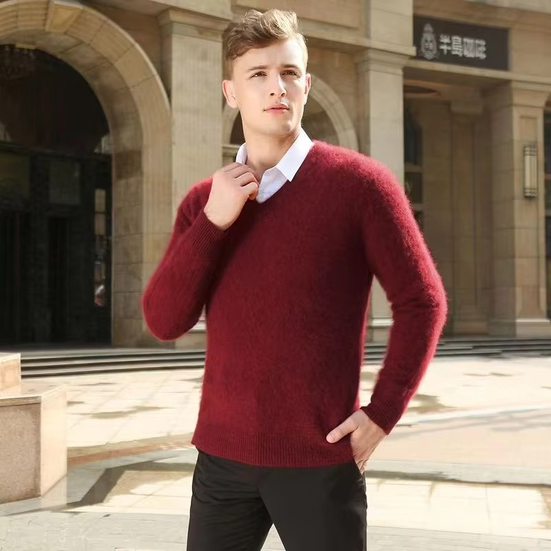 Men's Winter Cashmere Blend V Neck Sweater, Warm Knitted Pullover, Loose Fit Plus Size