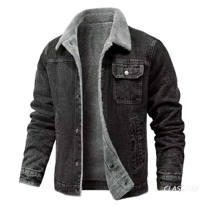 Men's Black Fleece-Lined Denim Winter Jacket