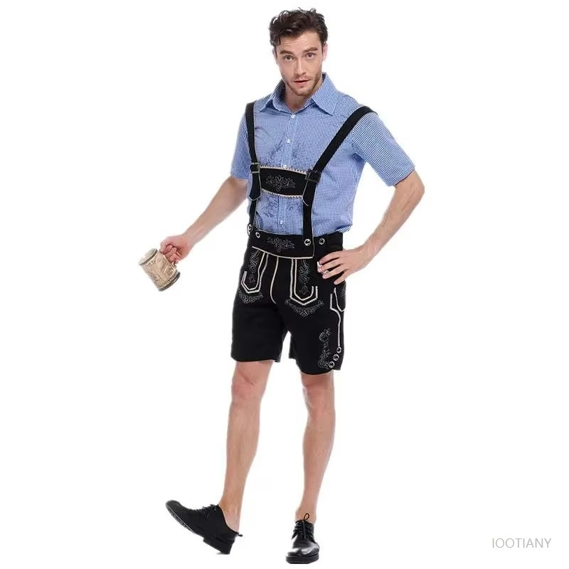 Traditional Bavarian Oktoberfest Men's Leather Pants with Suspenders Costume