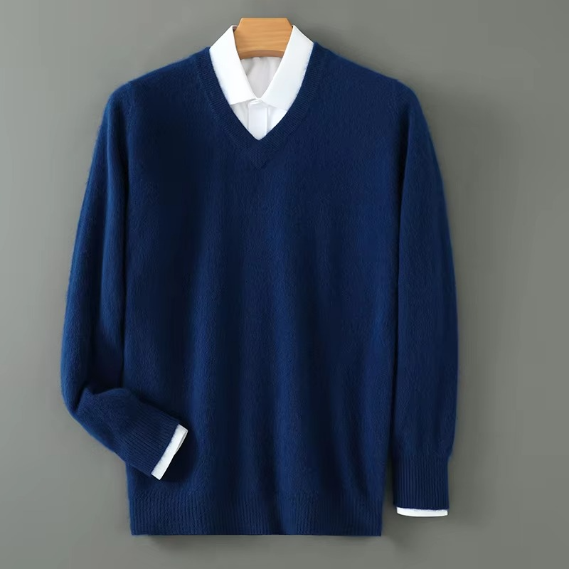 Men's Winter Cashmere Blend V Neck Sweater, Warm Knitted Pullover, Loose Fit Plus Size