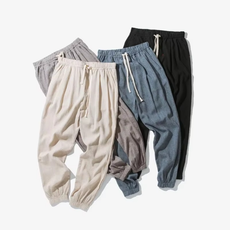 Men's Cotton Linen Casual Pants, Relaxed Fit Harem Trousers with Cuffed Ankle