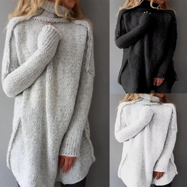 Women's Grey Pile Collar Sweater Pullover — Long Sleeve Autumn Top
