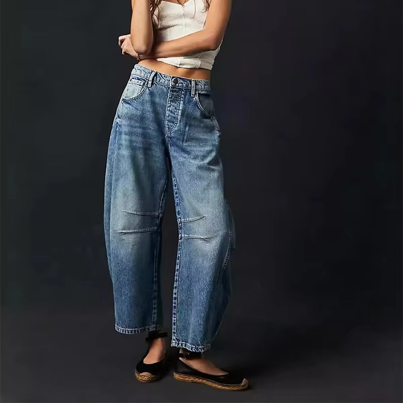Retro Loose Fit Mid Waist Full Length Denim Jeans for Women