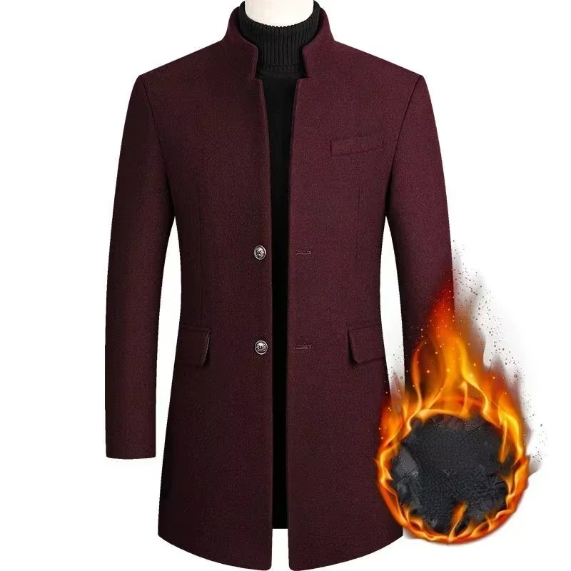 Men's Medium Long Wool Blend Trench Coat for Autumn and Winter