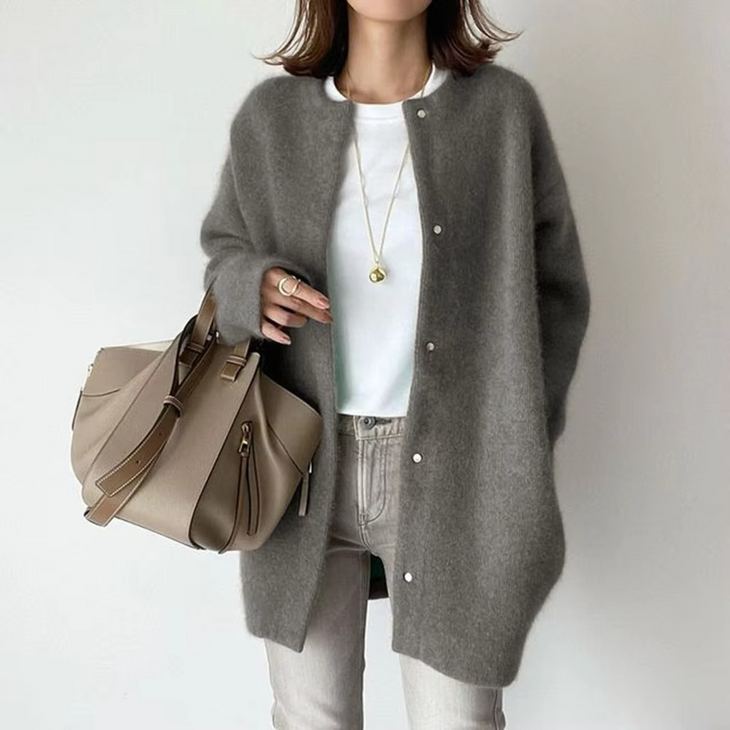 Soft Mink Velvet Knitted Cardigan Coat for Women, Mid Length A Line Sweater