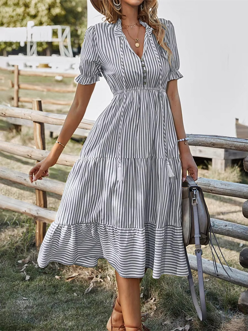 Striped V-Neck Short Sleeve Midi Dress with Tassel Details