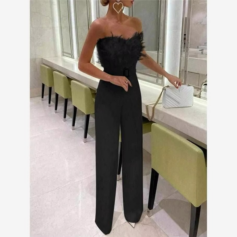 Sexy Feather Jumpsuit with Bare Shoulder, Cinched Waist, and Diamond Embellished Wide Leg