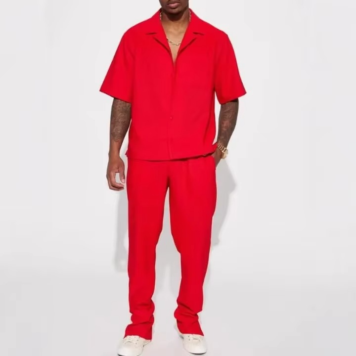 Men's Solid Two-Piece Casual Streetwear Set – Short Sleeve Lapel Shirt with Matching Pants