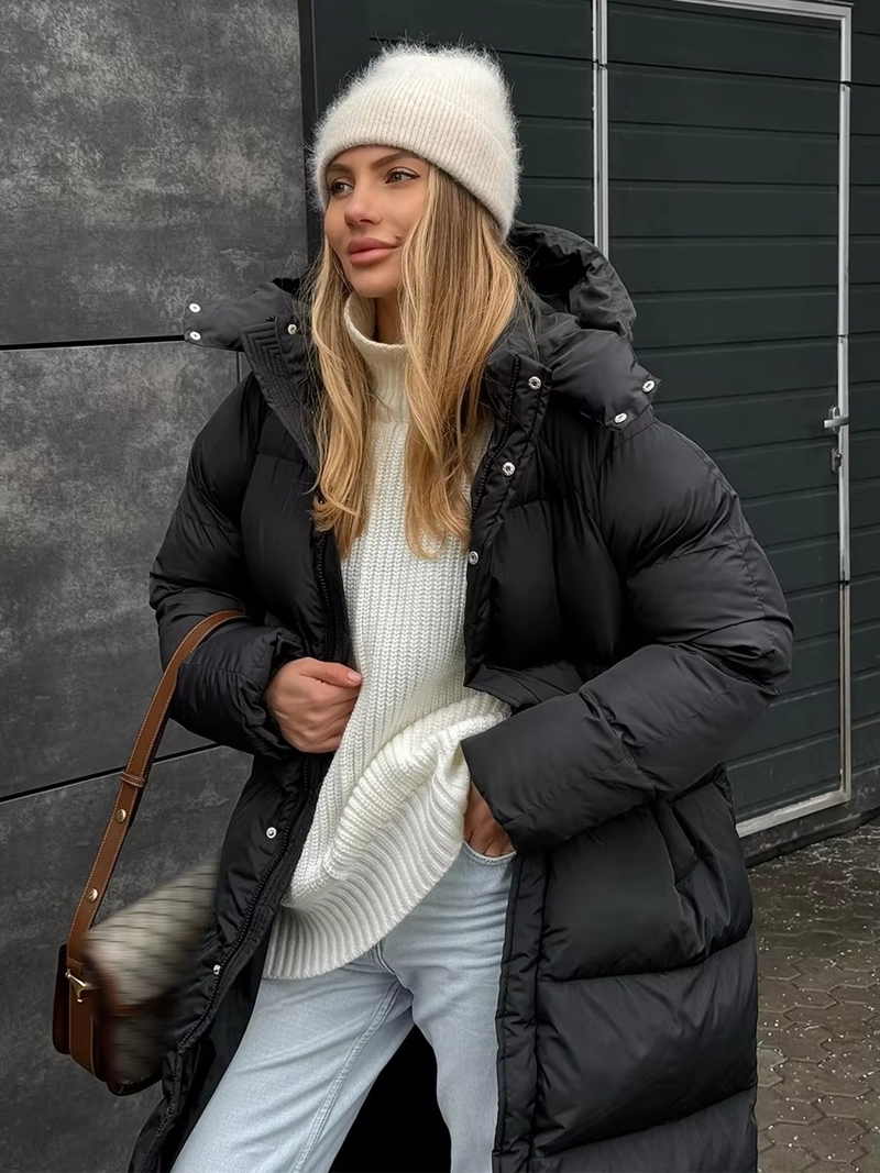 Women's Long Hooded Puffer Jacket, Thick Cotton Padded Winter Overcoat