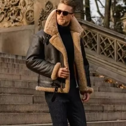 Men's Faux Leather Autumn Winter Coat with Warm Lining and Zippered Pockets