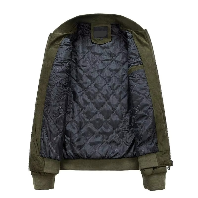 Men’s Autumn Winter Suede Jacket with Stand Collar, Zipper Front, and Lightweight Cotton Lining