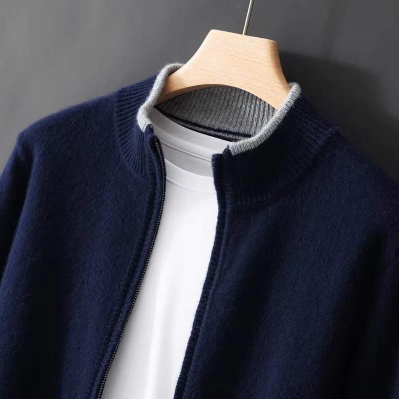 Men’s Pure Cashmere Zip Cardigan Sweater – Loose Fit Casual Knit Jacket