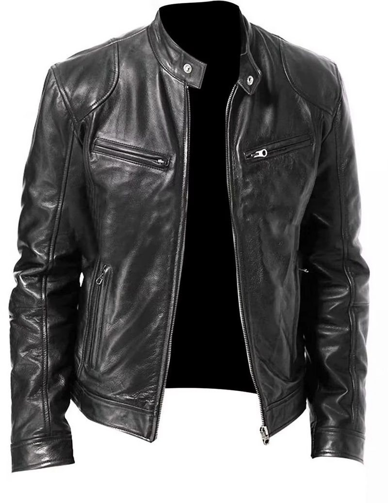 Men's Slim Fit PU Leather Jacket, Stand Collar, Anti‑Wind Motorcycle Style