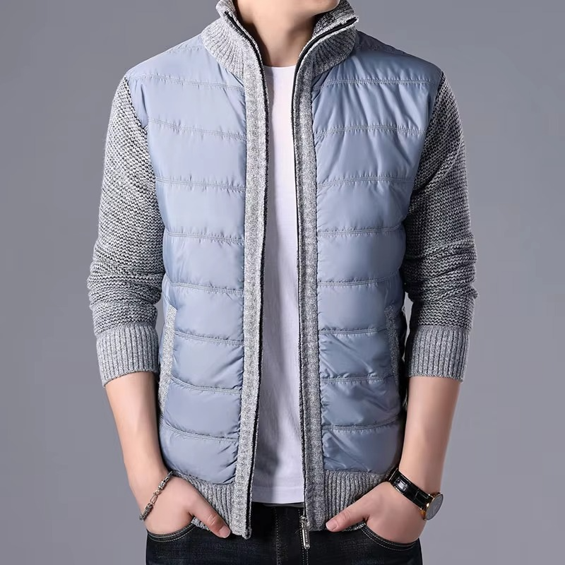 Men's Thick Knit Winter Cardigan Sweater Coat, Patchwork Warm Slim Fit Outerwear