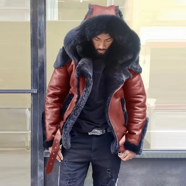 Men's Winter Leather Jacket with Fur Collar and Wool Lining