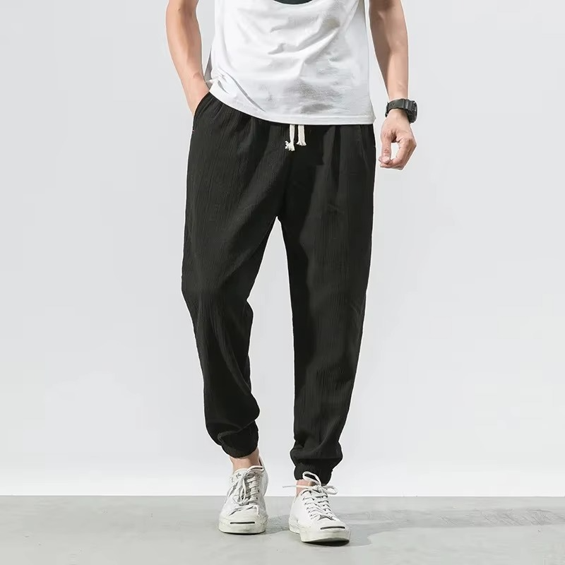 Men's Cotton Linen Casual Pants, Relaxed Fit Harem Trousers with Cuffed Ankle
