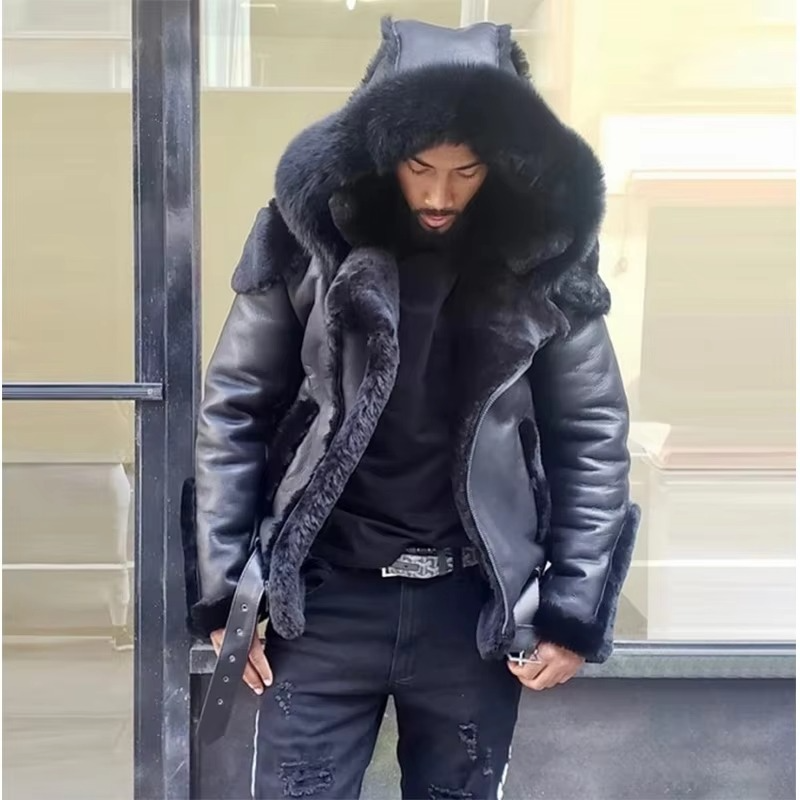 Men's Winter Leather Jacket with Fur Collar and Wool Lining