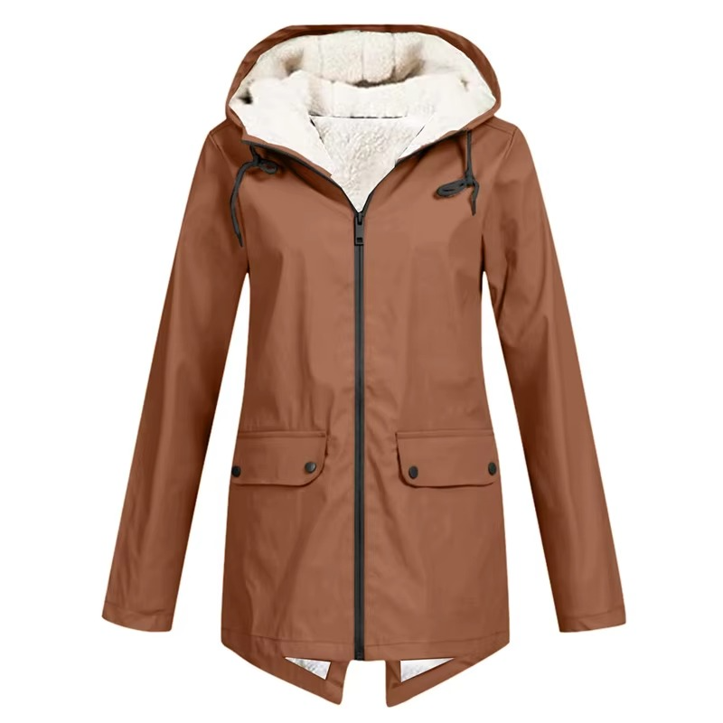 Women's Waterproof Hooded Velvet-Lined Windbreaker Trench Coat for Autumn and Winter