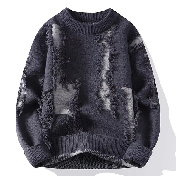 Men's Ripped Knit Sweater Loose Fit Crew Neck Pullover