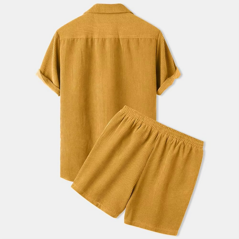 Men's Summer Corduroy 2-Piece Set – Short Sleeve Lapel Shirt with Matching Shorts