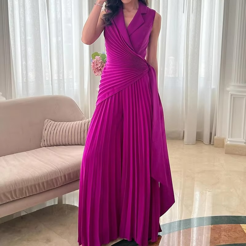 Elegant Lapel High Waist Sleeveless Romper with Pleated Wide Leg Design