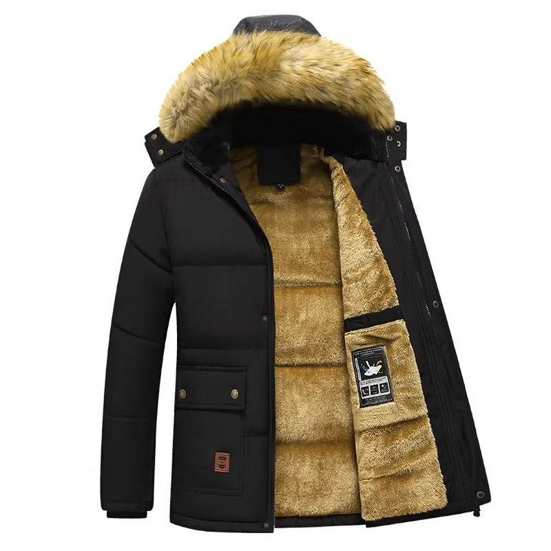Men’s Fleece-Lined Winter Parka Coat with Fur Hood, Sizes up to 5XL