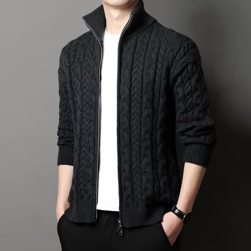 Men’s Thick Knit Zipper Sweatercoat – Warm Stand Collar Winter Cardigan Jacket