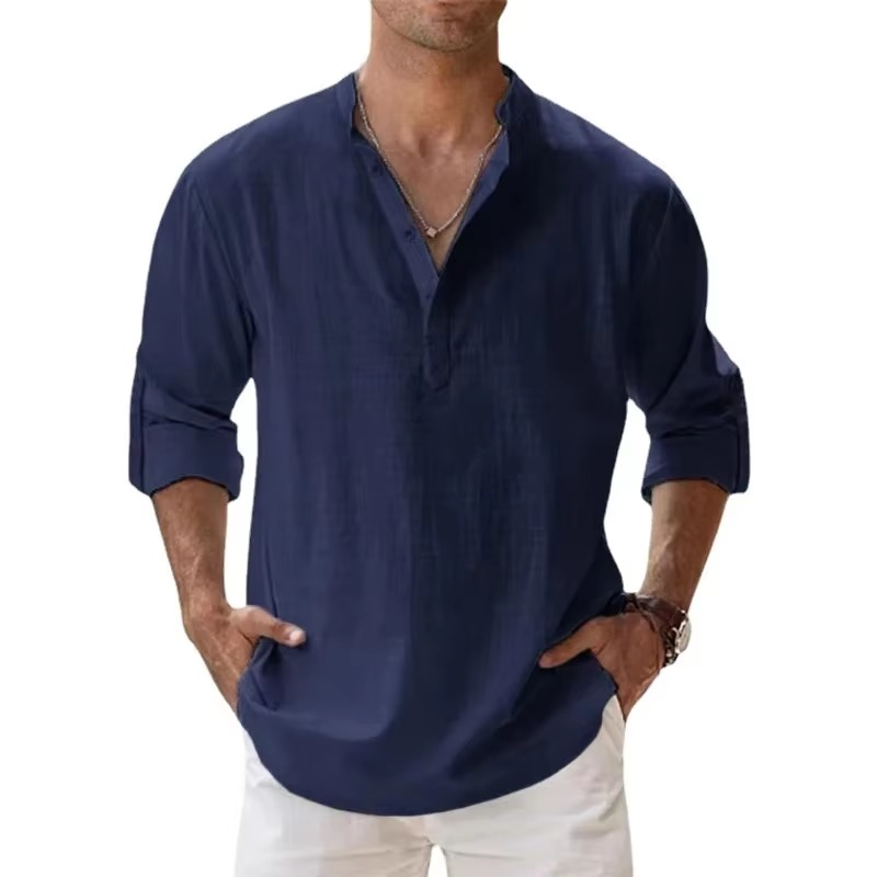 Lightweight Men’s Long Sleeve Cotton Linen Henley Shirt for Casual Beachwear