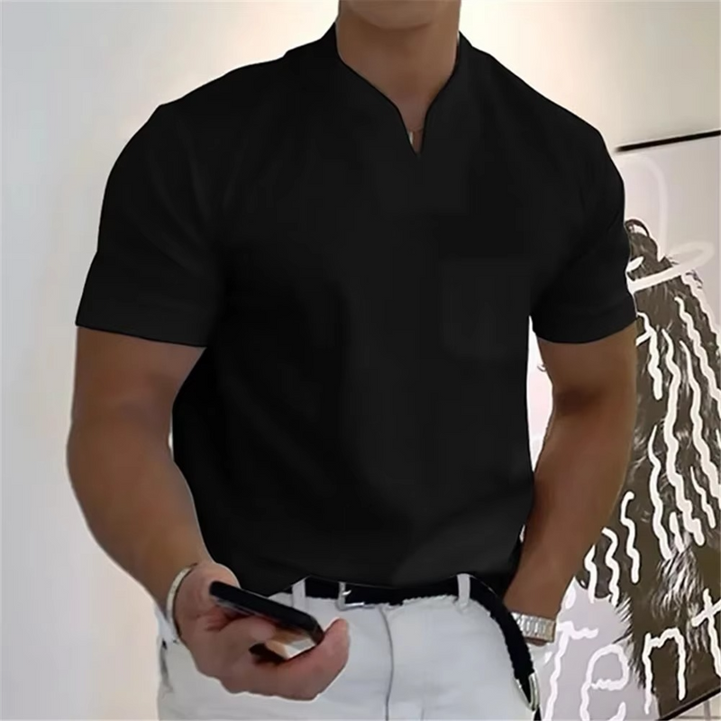 Men’s Summer V-Neck Short Sleeve T-Shirt - Elastic Cotton Athletic and Casual Fit