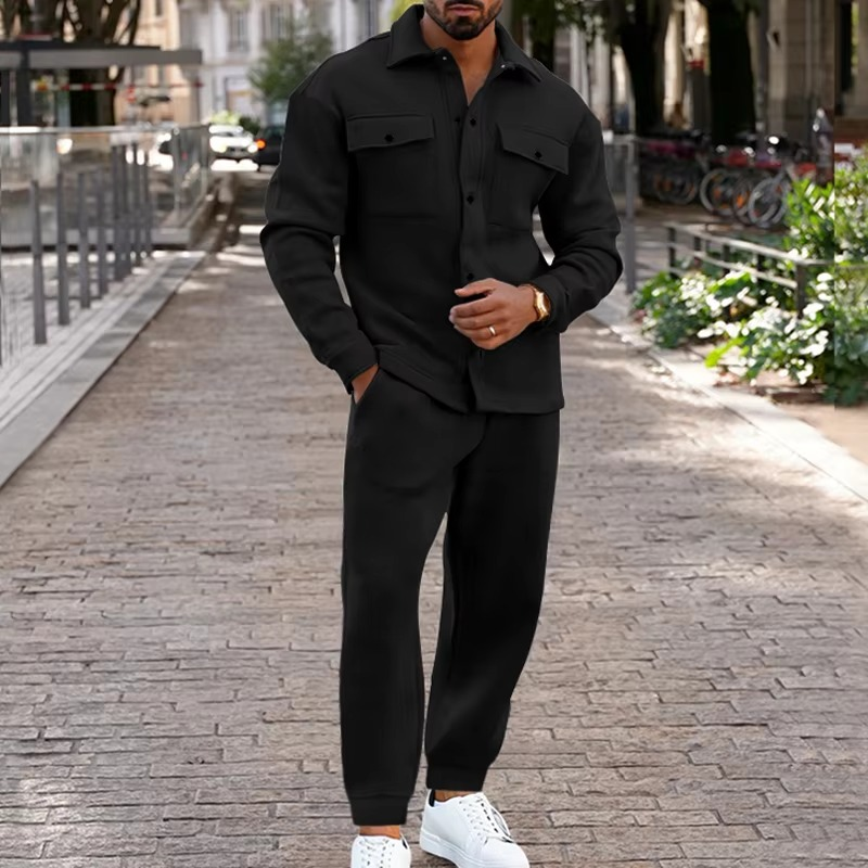 Men's Autumn Winter Suede Cargo Jacket and Pants 2-piece Set with Multi-pocket Design